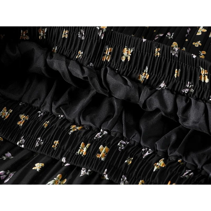 Apricot Floral Women’s High Waist Chiffon Pleated Long Skirt Wide Hem Summer