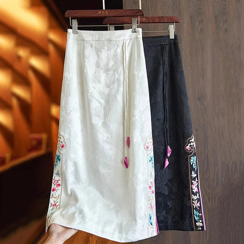 Vintage Women’s Jacquard Embroidery High Waist A-Line Long Skirt Chinese Style Slit