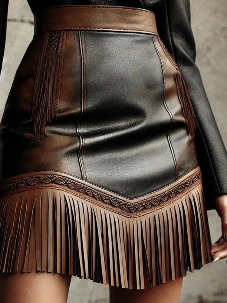 Vintage Western PU Leather Mini Skirt High Waist Slim Fit Fringe Hem Streetwear