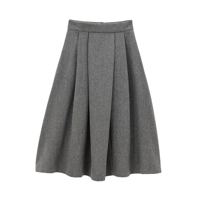 YENKYE Women’s High Street A-Line Midi Skirt Box Pleat Mid Waist Office Gray Autumn Winter