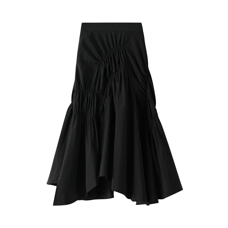 Women’s Elegant Pleated Long Skirt High Waist Asymmetrical Black Flared 2025