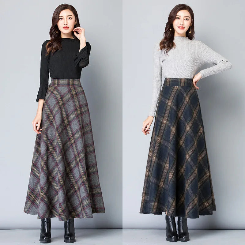 Women’s High Waist Plaid Long Skirt Thick Warm Elastic Autumn Winter Streetwear