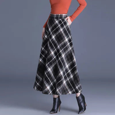 Women’s High Waist Plaid Long Skirt Thick Warm Elastic Autumn Winter Streetwear