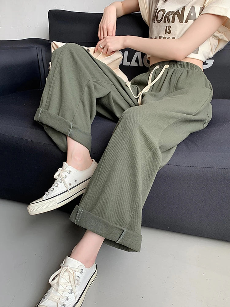 Women’s Plus Size Wide Leg Pants High Waist Baggy Streetwear Lace Up Casual Slacks
