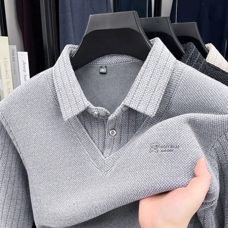 Mens Sweater Polo Collar Label Patchwork Stripes Plush Wool Liner Knitted Thickened Sweater Brand Luxury Print Thermo Menswear