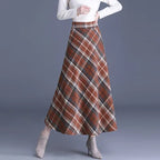 Women’s High Waist Plaid Long Skirt Thick Warm Elastic Autumn Winter Streetwear