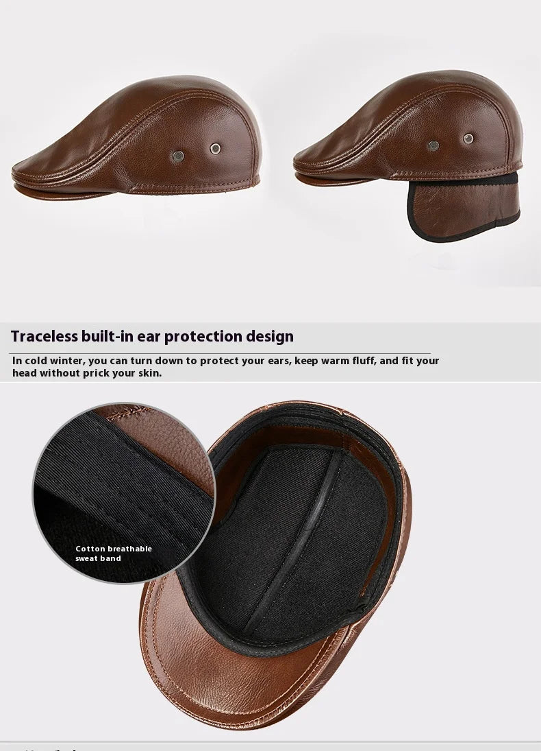 2025 Genuine Leather Beret Hat for Men Warm Windproof Winter Cap Fashion Gentleman Peaked Cap Vintage Stylish Driver Hat Gift