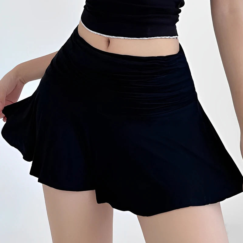 Hot Girl Low Waist Pleated A-Line Mini Skirt with Safety Pants Summer