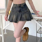 Women’s Korean Denim A-Line Mini Skirt High Waist Pleated Tassel Y2K season 2025