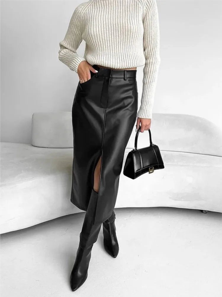 Women’s High Waist Leather Long Skirt Front Slit Slim Elegant Office Spring winter