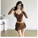 Women’s Retro Western Denim Suspender Mini Skirt Front Strap Irregular Slim Fit