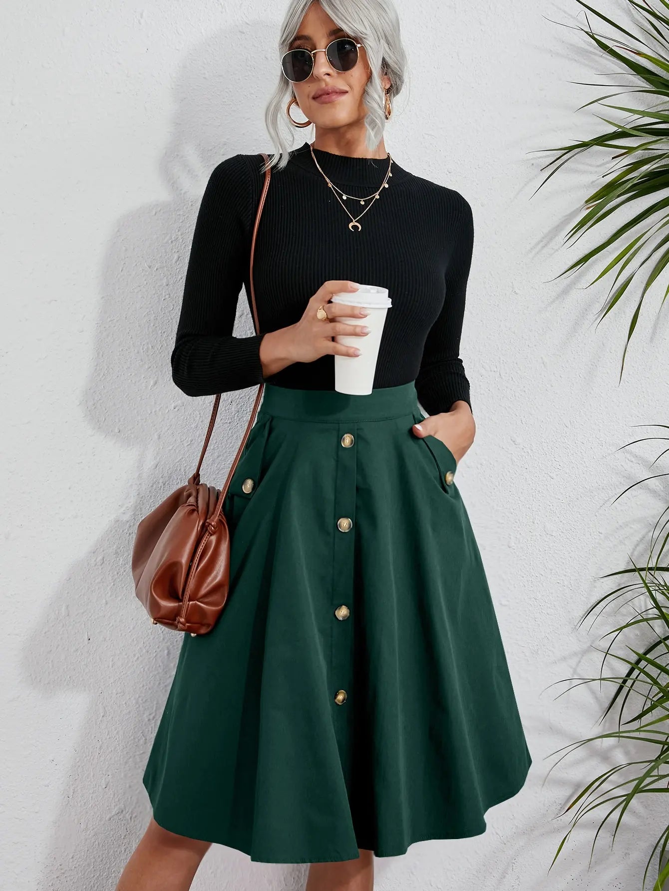 Women’s Dark Green Flared Midi Skirt Metal Button Pockets Casual Office Wear