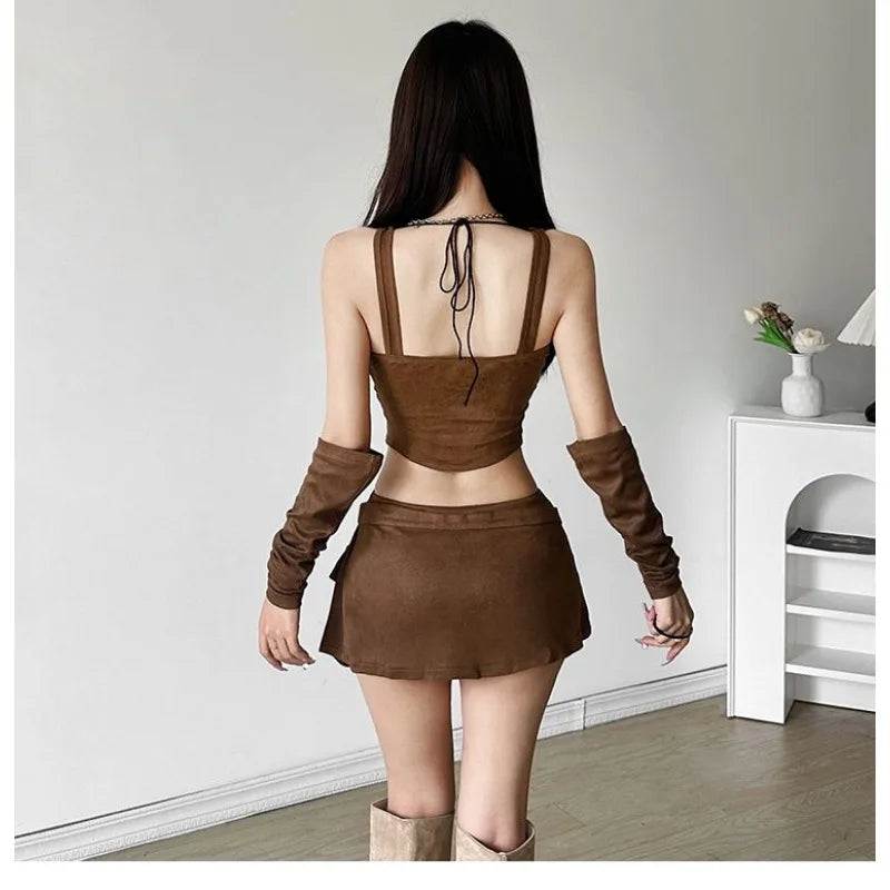 Women’s Retro Western Denim Suspender Mini Skirt Front Strap Irregular Slim Fit