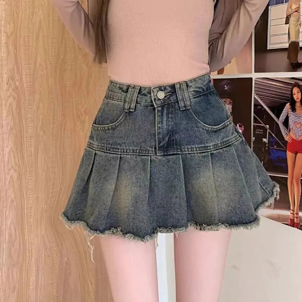 Women’s Korean Denim A-Line Mini Skirt High Waist Pleated Tassel Y2K season 2025