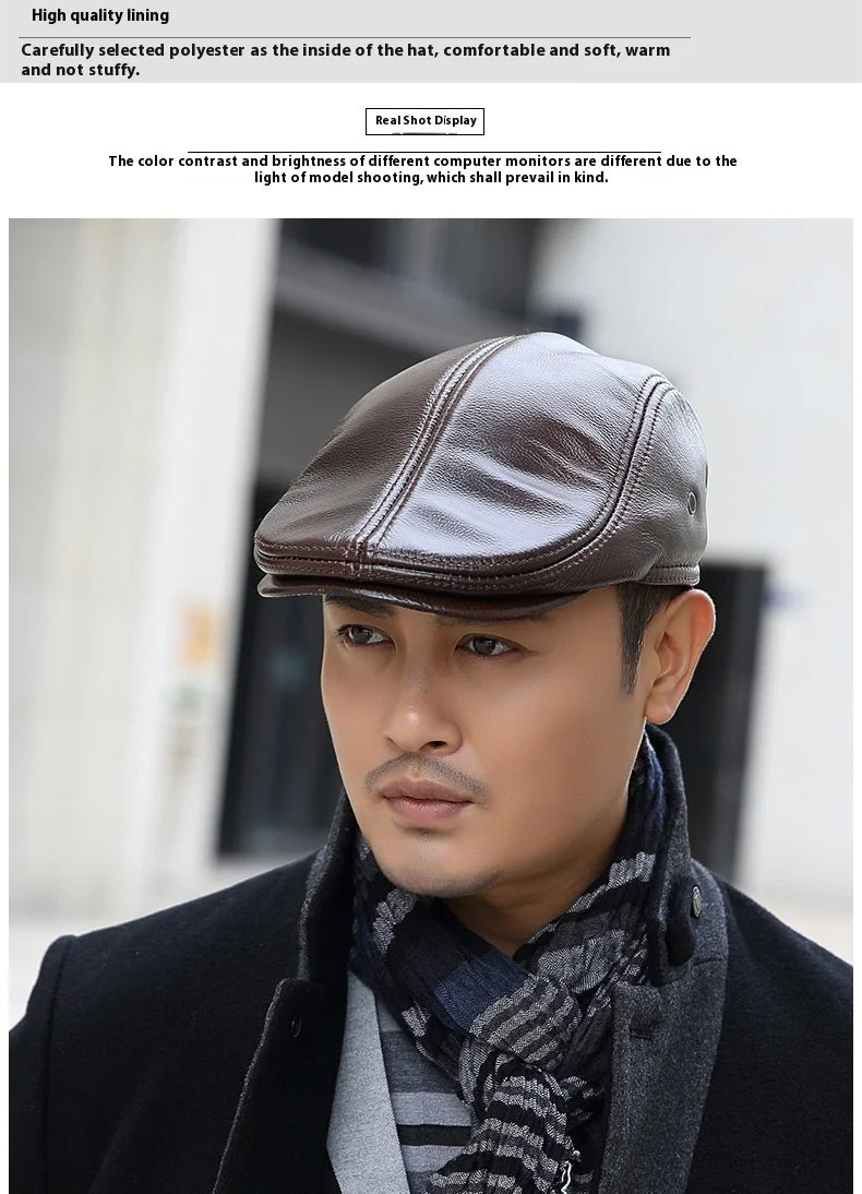 2025 Genuine Leather Beret Hat for Men Warm Windproof Winter Cap Fashion Gentleman Peaked Cap Vintage Stylish Driver Hat Gift