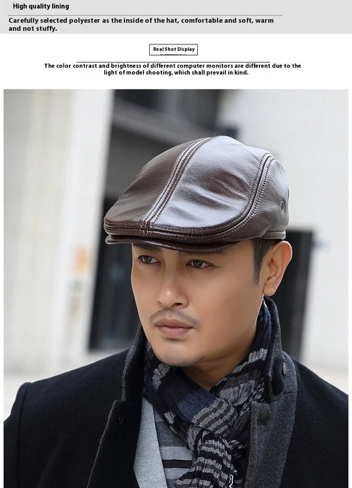 2025 Genuine Leather Beret Hat for Men Warm Windproof Winter Cap Fashion Gentleman Peaked Cap Vintage Stylish Driver Hat Gift