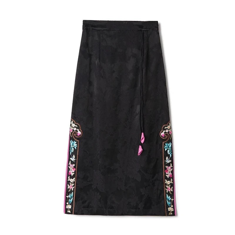 Vintage Women’s Jacquard Embroidery High Waist A-Line Long Skirt Chinese Style Slit