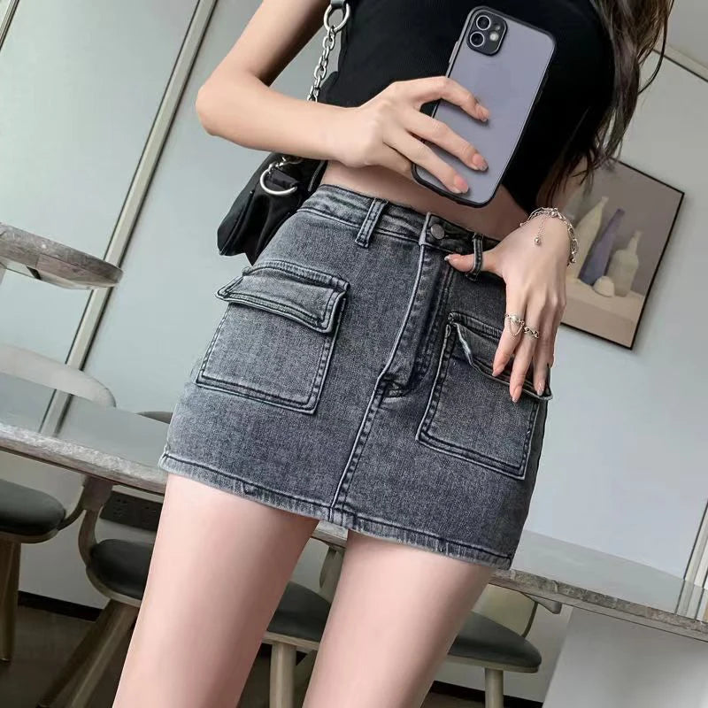 Women’s Summer Denim Mini Skirt High Waist Slim Wrap Korean Chic Pockets