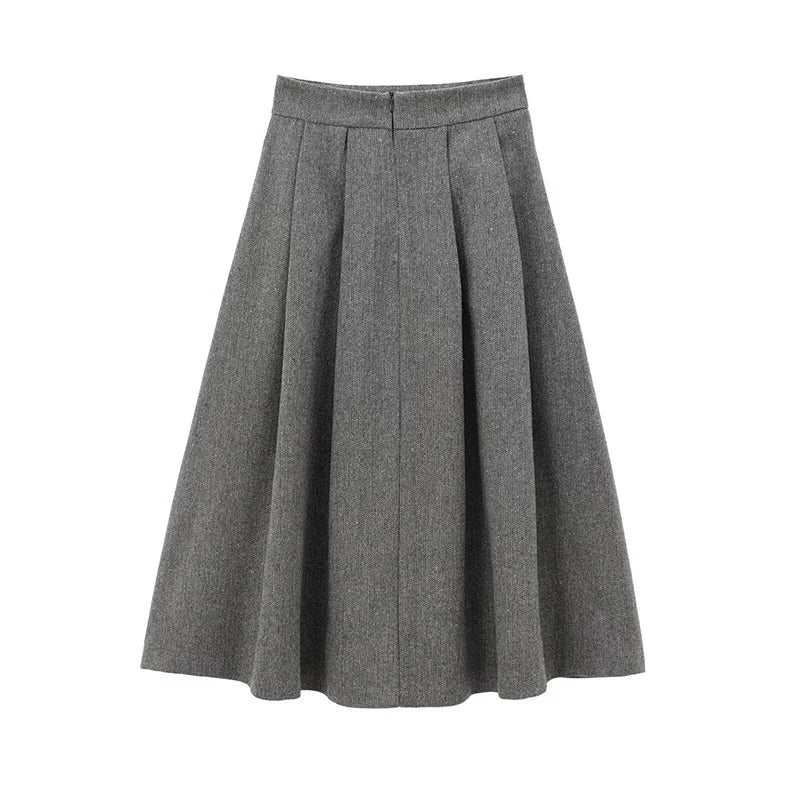YENKYE Women’s High Street A-Line Midi Skirt Box Pleat Mid Waist Office Gray Autumn Winter