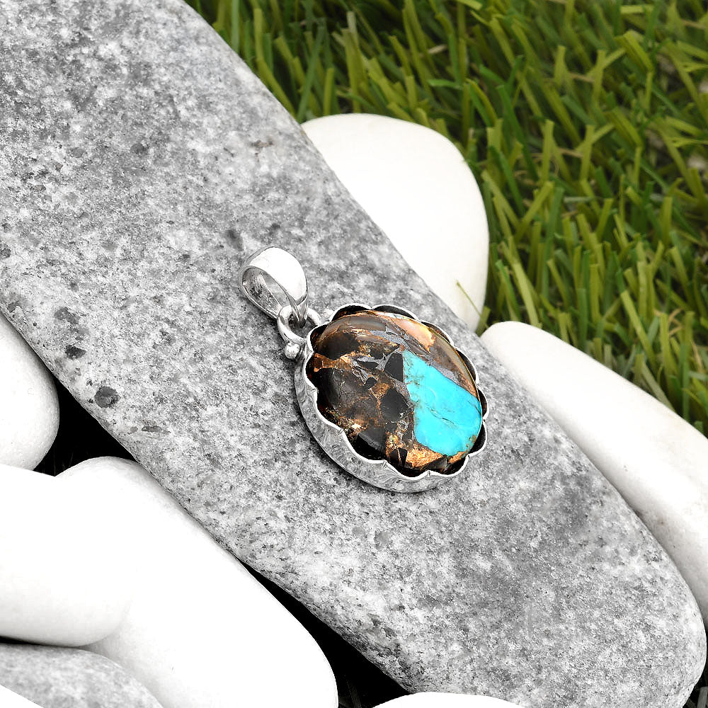 Natural Shell In Black Blue Turquoise Pendant