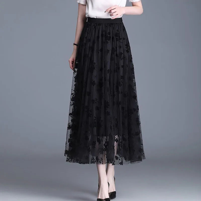 Korean Women’s Mesh Midi Skirt Hook Flower Loose Elegant Summer Casual