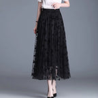 Korean Women’s Mesh Midi Skirt Hook Flower Loose Elegant Summer Casual