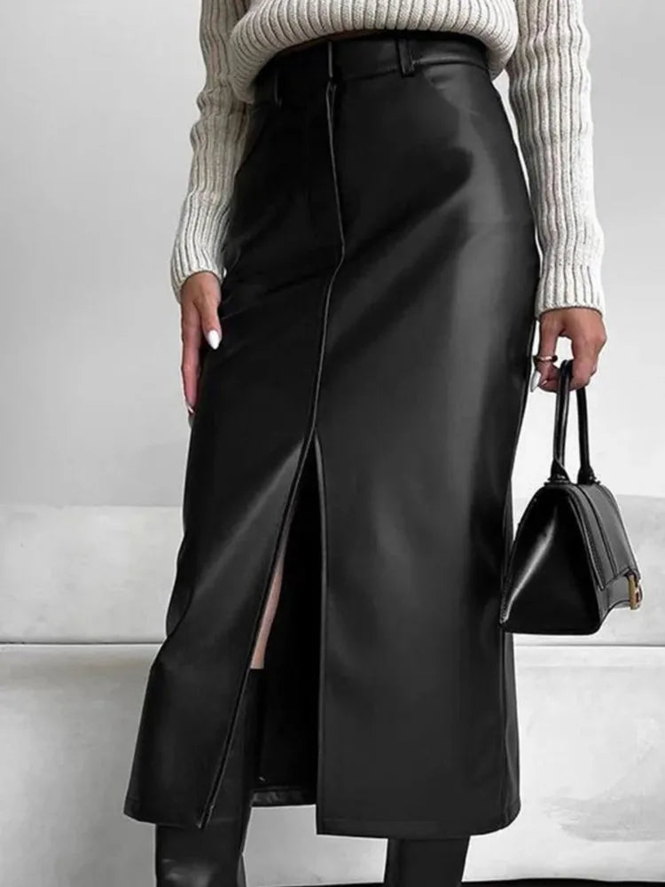 Women’s High Waist Leather Long Skirt Front Slit Slim Elegant Office Spring winter