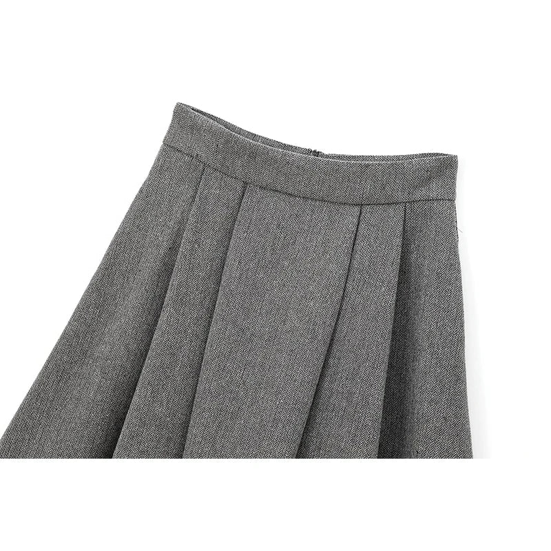 YENKYE Women’s High Street A-Line Midi Skirt Box Pleat Mid Waist Office Gray Autumn Winter