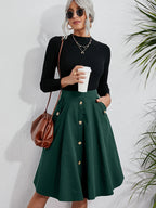 Women’s Dark Green Flared Midi Skirt Metal Button Pockets Casual Office Wear