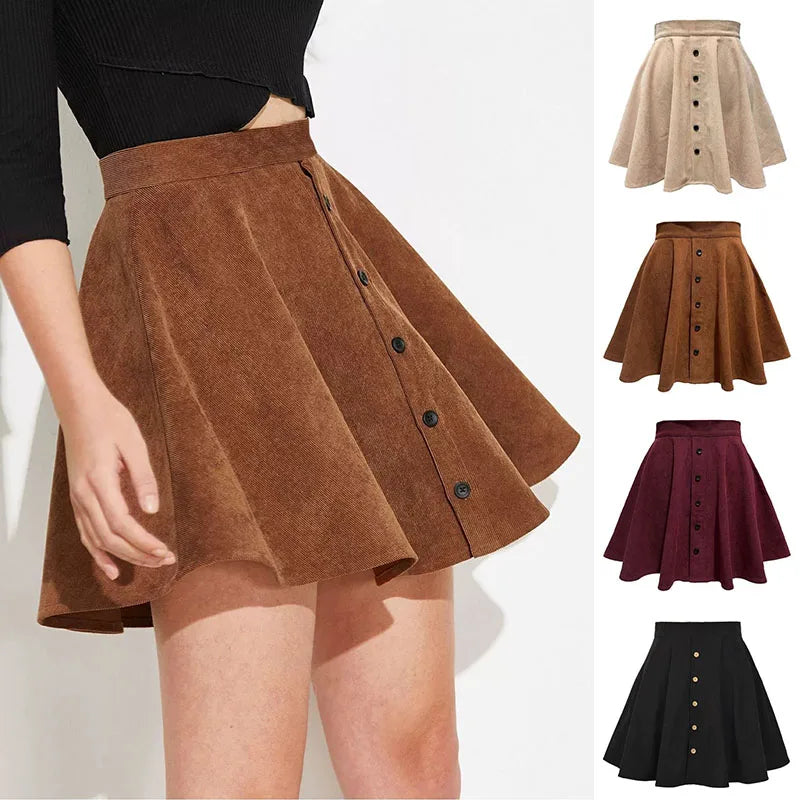 Women’s High Waist Pleated Corduroy A-Line Mini Skirt Elegant Autumn Winter