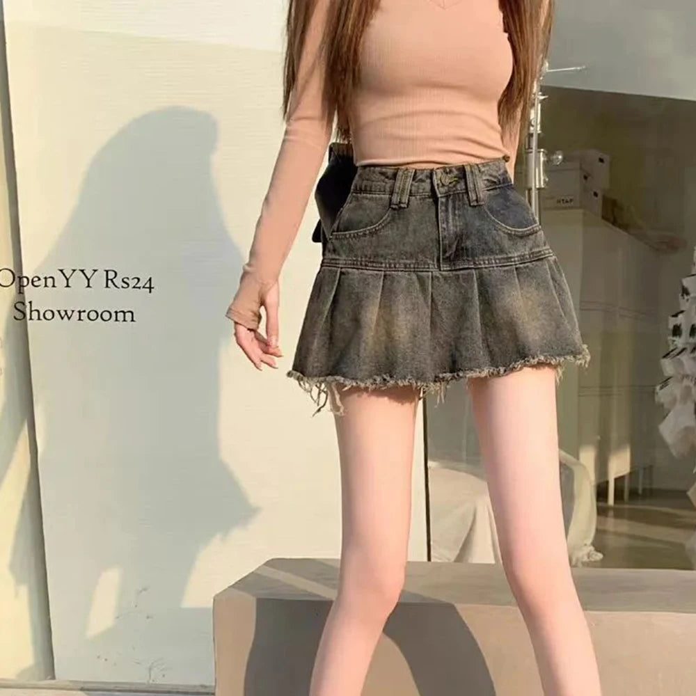 Women’s Korean Denim A-Line Mini Skirt High Waist Pleated Tassel Y2K season 2025