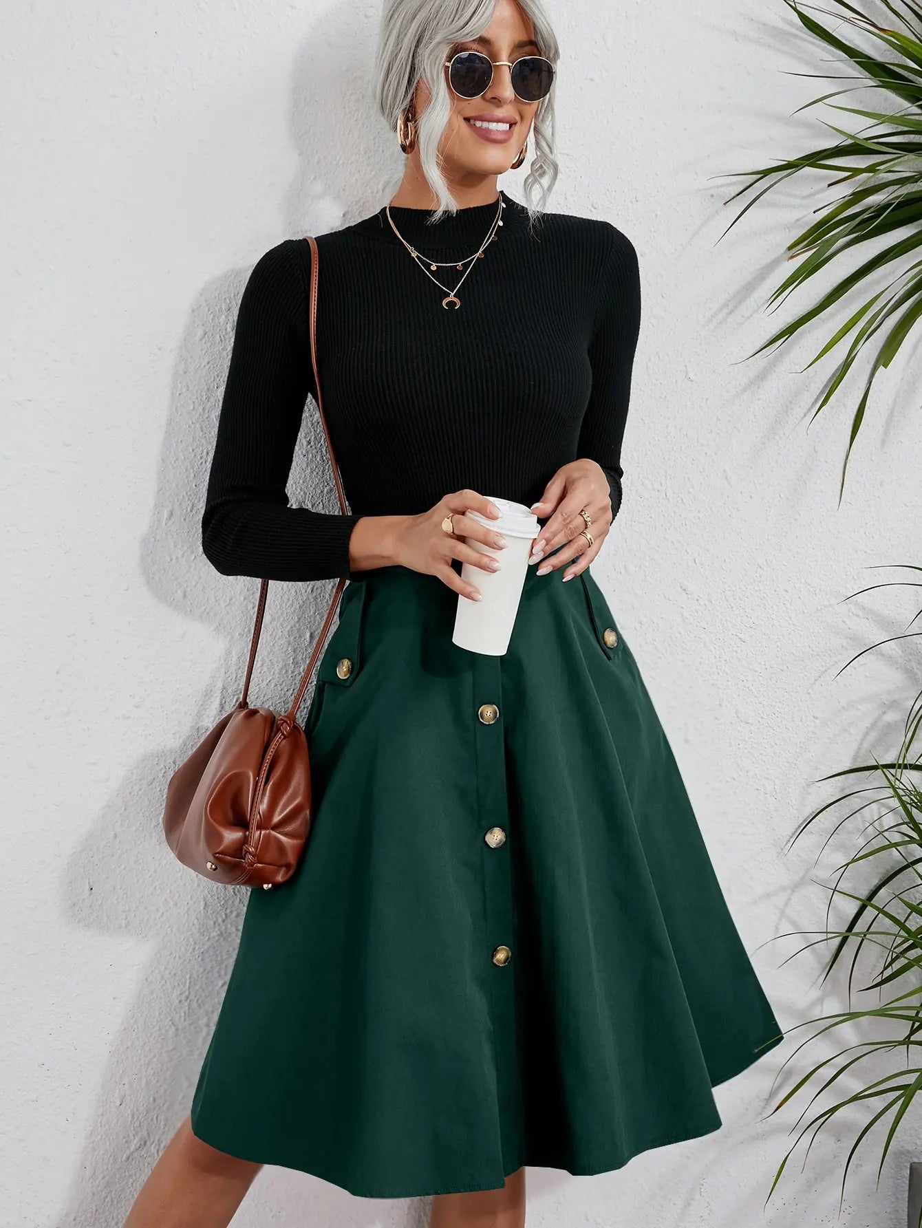Women’s Dark Green Flared Midi Skirt Metal Button Pockets Casual Office Wear