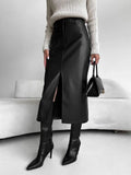 Women’s High Waist Leather Long Skirt Front Slit Slim Elegant Office Spring winter