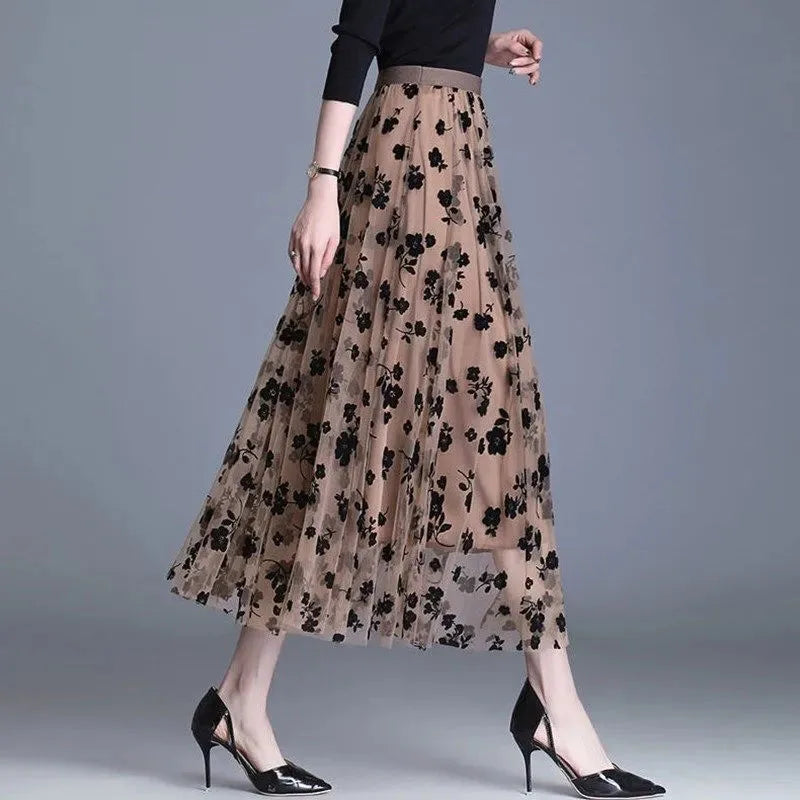 Korean Women’s Mesh Midi Skirt Hook Flower Loose Elegant Summer Casual