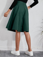 Women’s Dark Green Flared Midi Skirt Metal Button Pockets Casual Office Wear