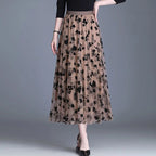 Korean Women’s Mesh Midi Skirt Hook Flower Loose Elegant Summer Casual
