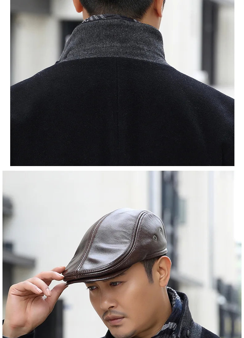 2025 Genuine Leather Beret Hat for Men Warm Windproof Winter Cap Fashion Gentleman Peaked Cap Vintage Stylish Driver Hat Gift
