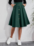 Women’s Dark Green Flared Midi Skirt Metal Button Pockets Casual Office Wear