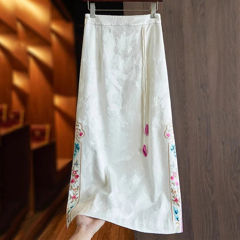 Vintage Women’s Jacquard Embroidery High Waist A-Line Long Skirt Chinese Style Slit