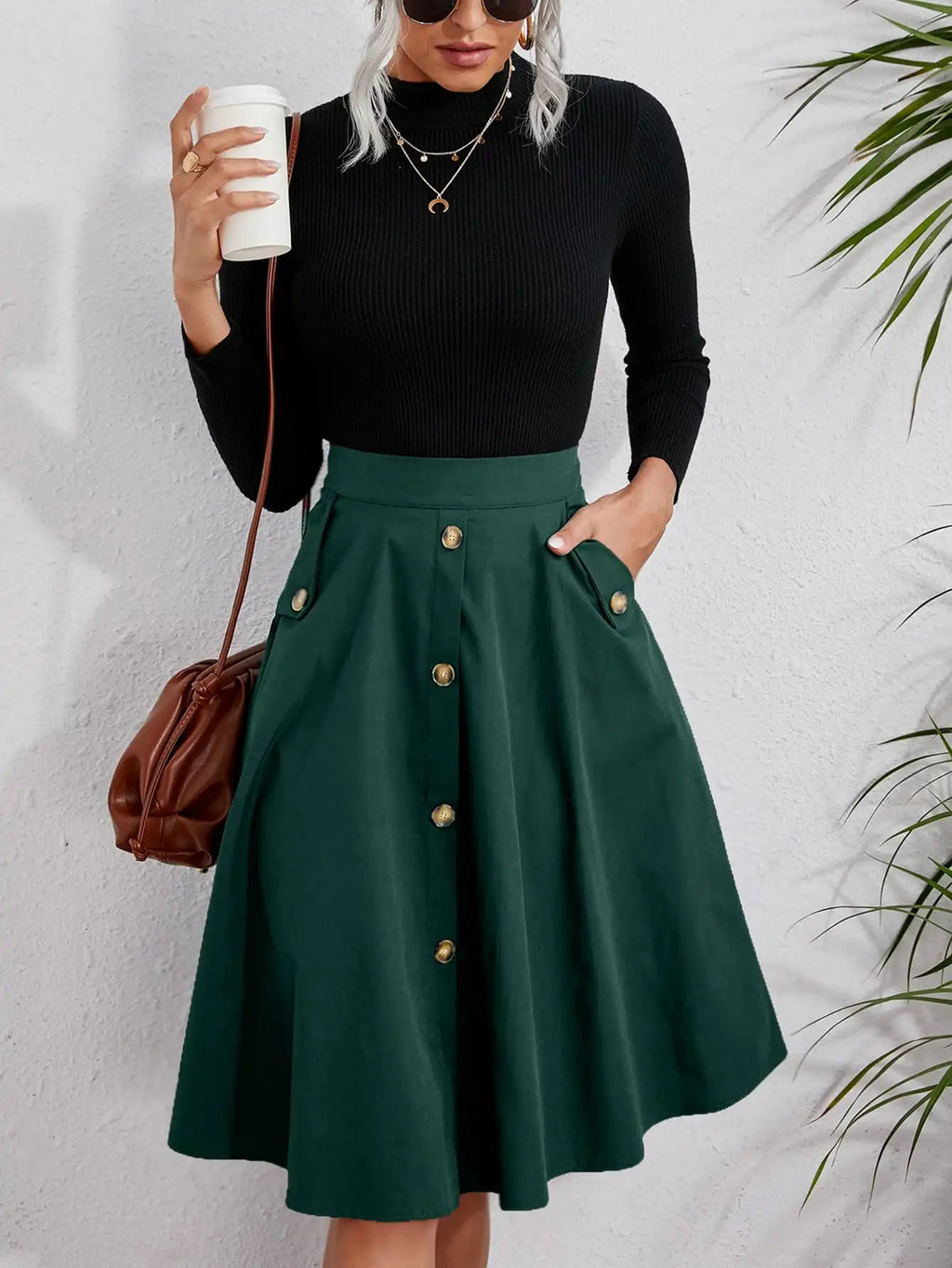 Women’s Dark Green Flared Midi Skirt Metal Button Pockets Casual Office Wear