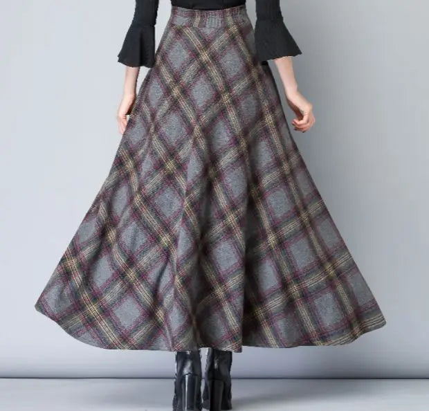 Women’s High Waist Plaid Long Skirt Thick Warm Elastic Autumn Winter Streetwear