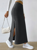 Women’s High Waist Stretch Sweater Midi Skirt Solid Color Side Slit Spring 2025