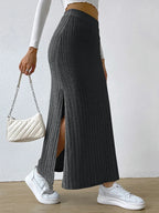 Women’s High Waist Stretch Sweater Midi Skirt Solid Color Side Slit Spring 2025