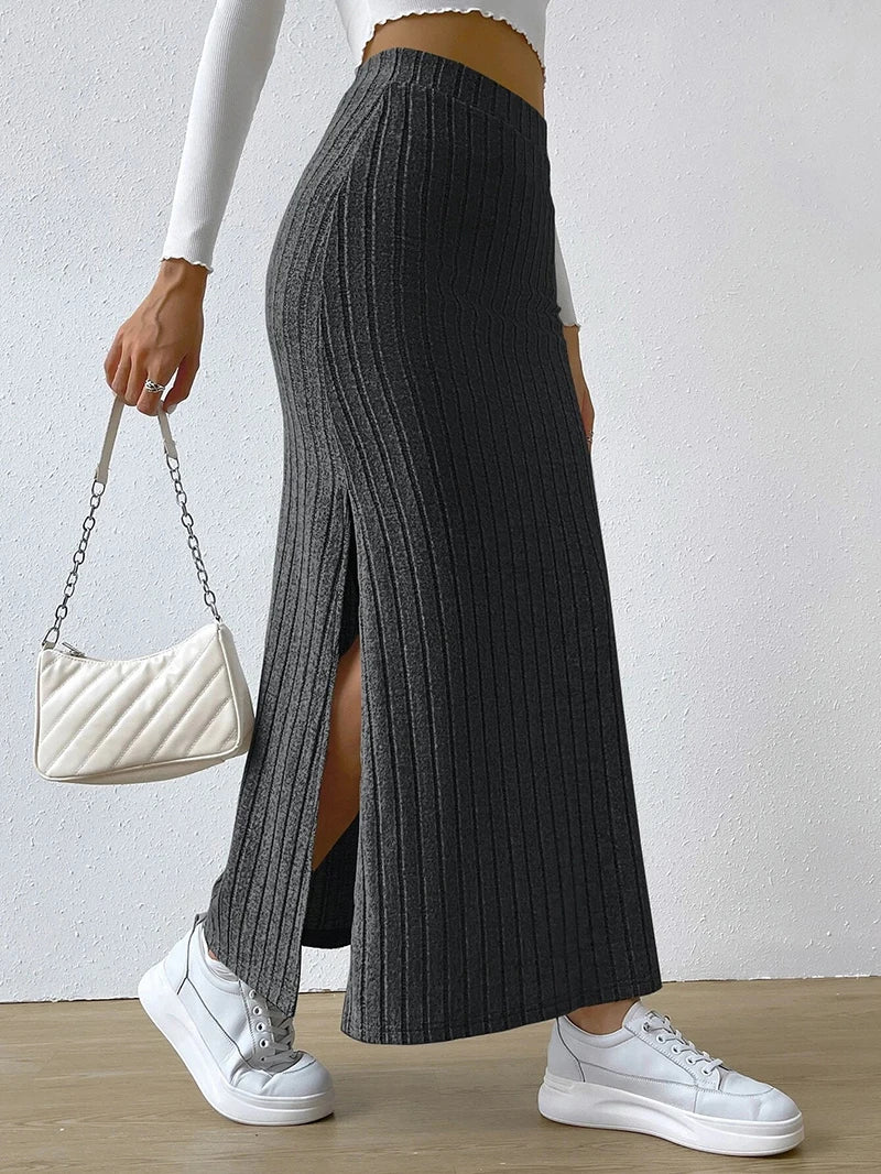 Women’s High Waist Stretch Sweater Midi Skirt Solid Color Side Slit Spring 2025
