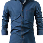Men's Heavy-Duty Pure Cotton Denim Shirt Jacket - No-Iron Solid Blue Long Sleeve Button-Up Casual Coat, Western Style Collar & Single-Breasted Button Front for Spring/Fall Layering (Regular Fit) - Versatile Outdoor & Formal W