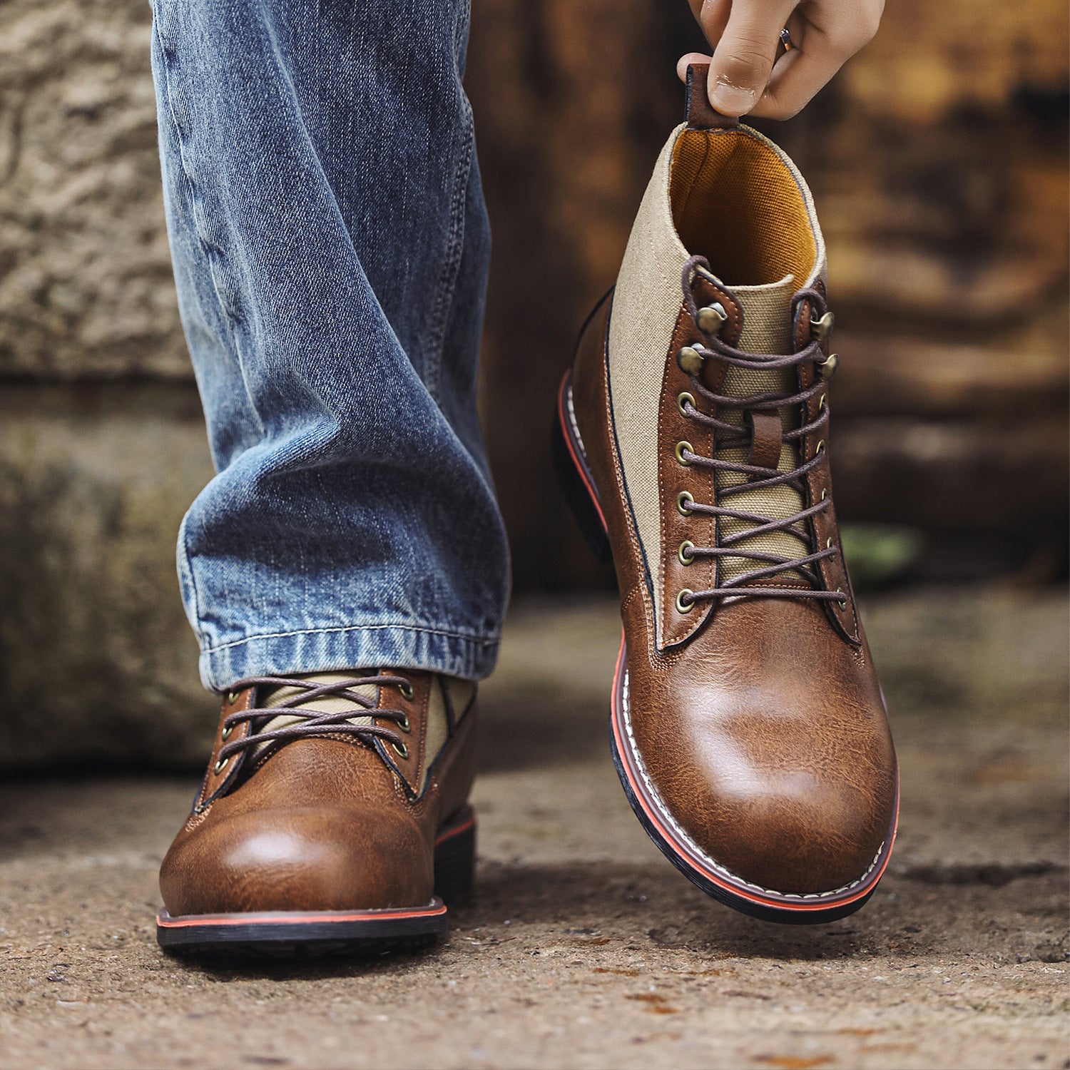 Men's Vintage Distressed Biker Boots - Short Height with  Sole & Spliced  Upper (Microfiber) - Retro Motorcycle Boots for Outdoor,, Casual Wear - Durable & Comfortable Vintage Footwear