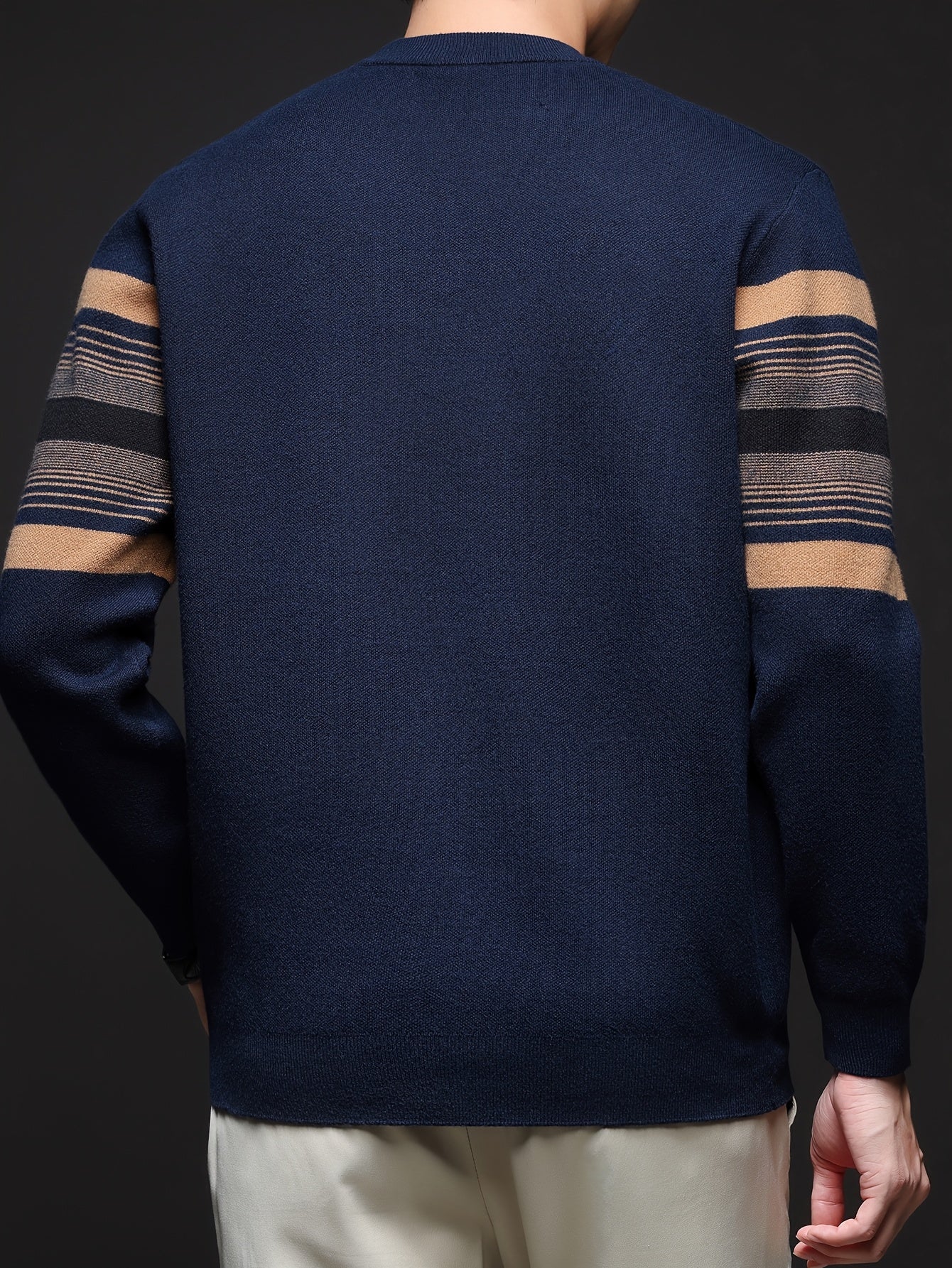 Men's Navy Blue & Brown Striped Sweater - Heavyweight Winter Pullover with Beige/ Tones, Round Neck Long Sleeve Casual & Outdoor Wear, Fish Tail Hem, Multi-Season /Christmas/Father’s Day Sweater (Regular Fit)