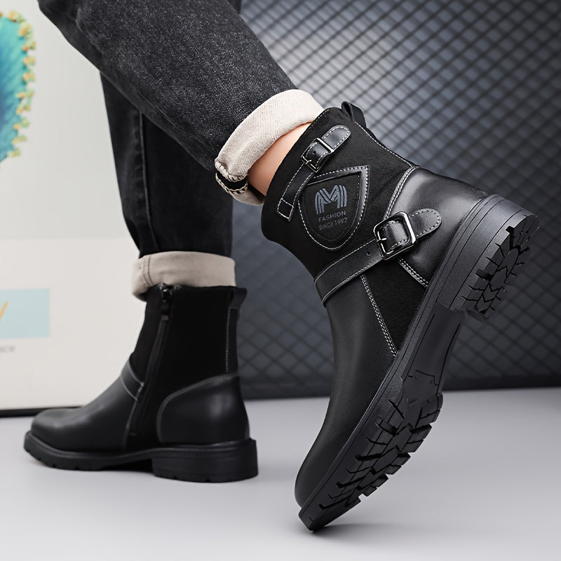 Men's Winter Full-Zip Chelsea Boots - British s with Buckle Strap & Buckles, Upper & Sole, Round Toe Short Ankle Booties for Outdoor, Casual, - Glossy Black (No-Collar Design)