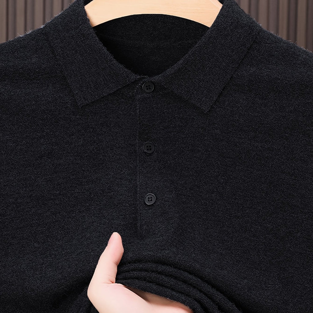 SENMEIGUO Men'S Slim-Fit Classic Collar Knit Sweater Shirt - Solid Black Long Sleeve Winter Pullover with Chest Patches, Hand Wash/Dry Clean, Autumn & Winter Wardrobe Essential, Knit Button Up Sweater, Sophisticated Layering,