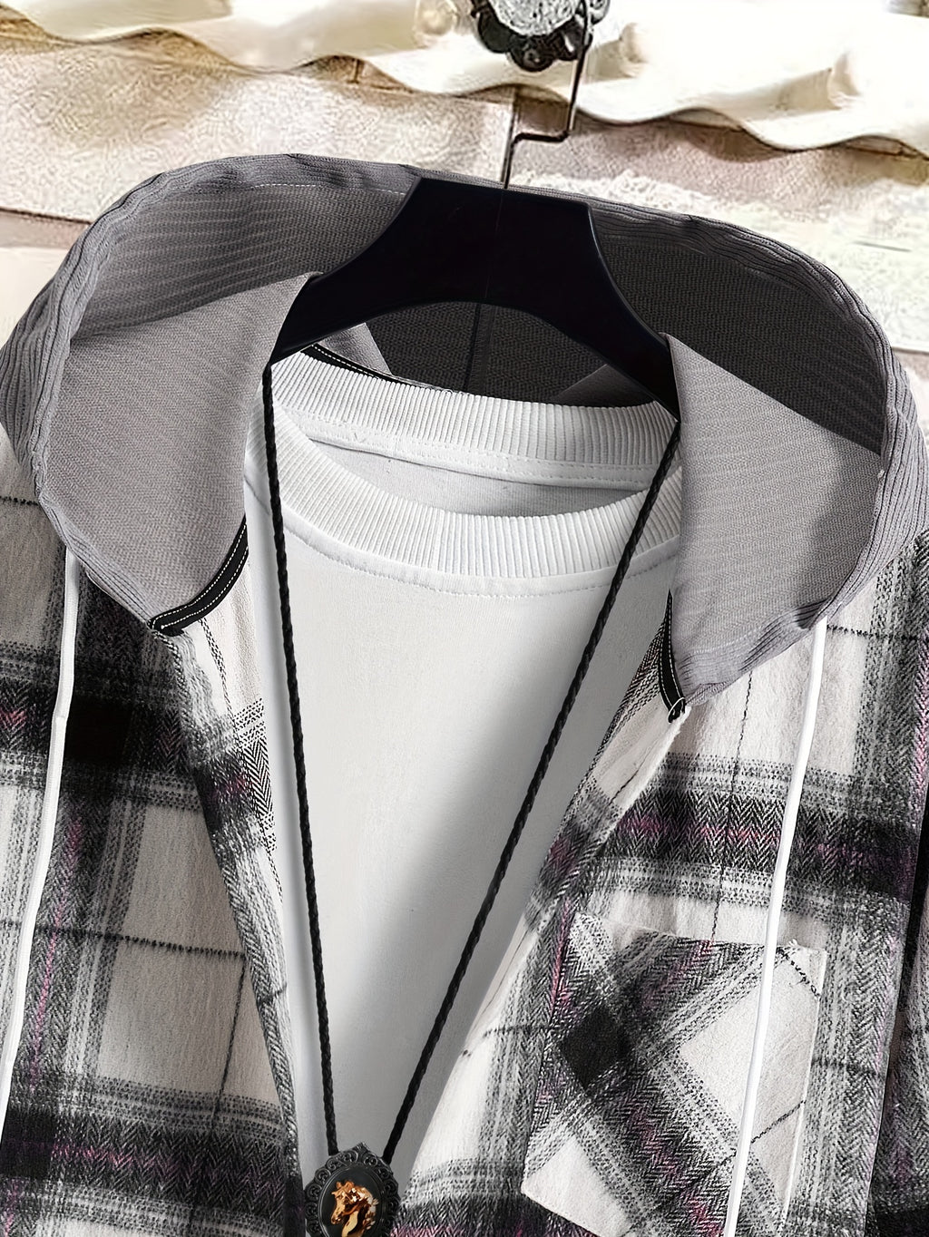 Men's Plaid Hooded Jacket with Shirt Collar & Button Front - Beige/Brown/Black/White Tartan Pattern, Chest Pocket, Non-Stretch Fabric - Casual Winter Coat for Fall & Winter Layering (Plaid Shirt Jacket)